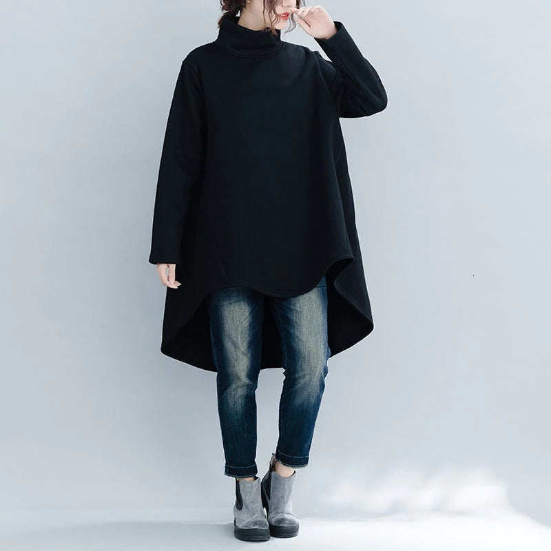 Turtleneck High-Low Asymmetrical Long Sleeve Tunic/ Top Solid Color Black