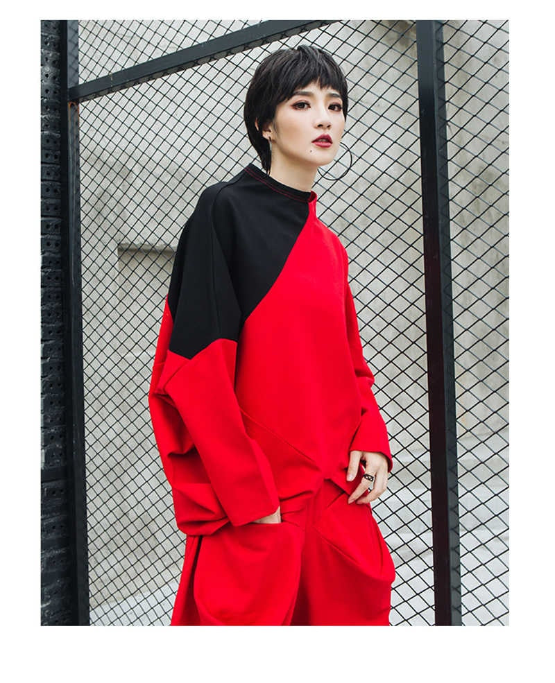 Asymmetrical Hem Pattern Stand Collar Long Sleeve Tunic Top Red/Black