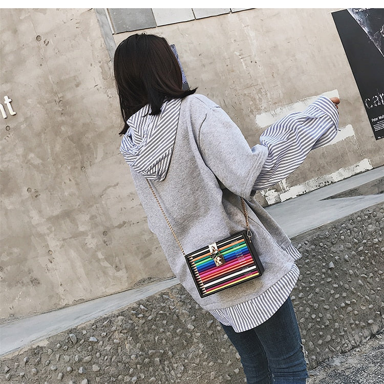 Colored Pencil Box Style Purse with Crossbody Strap Vegan Leather Black