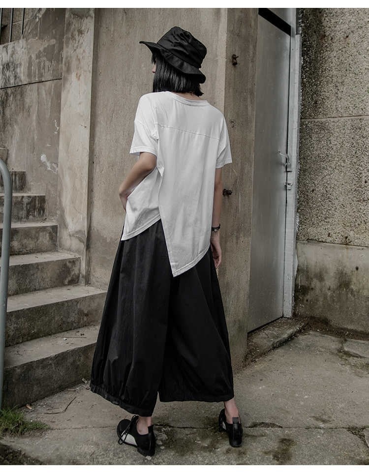 High Elastic Waist Pleated Split Joint Wide Leg Pants Trousers Black