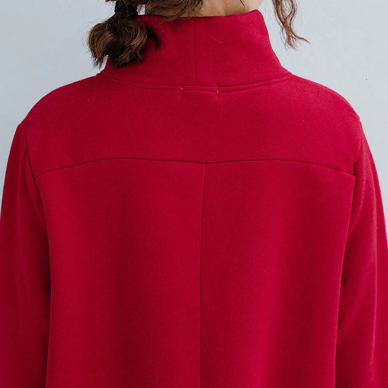 Turtleneck High-Low Asymmetrical Long Sleeve Tunic/ Top Solid Color Red