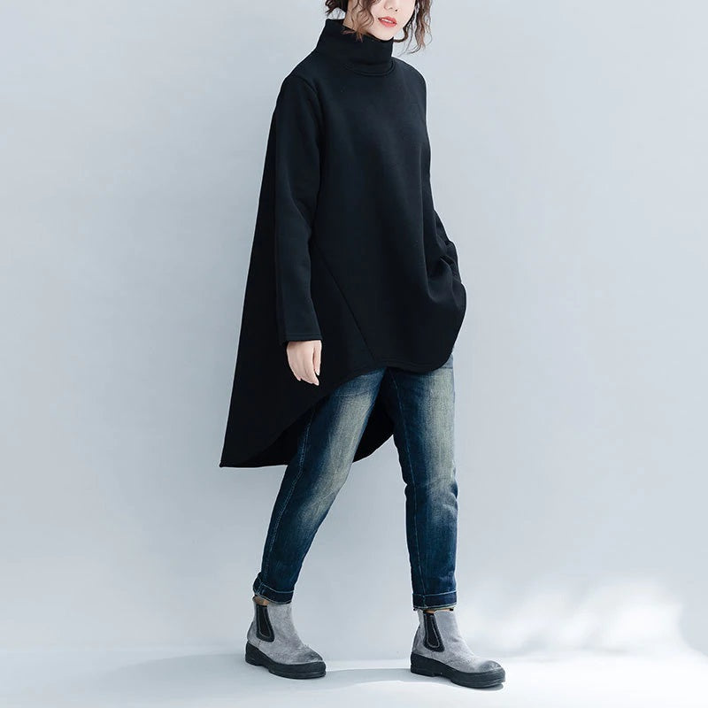 Turtleneck High-Low Asymmetrical Long Sleeve Tunic/ Top Solid Color Black