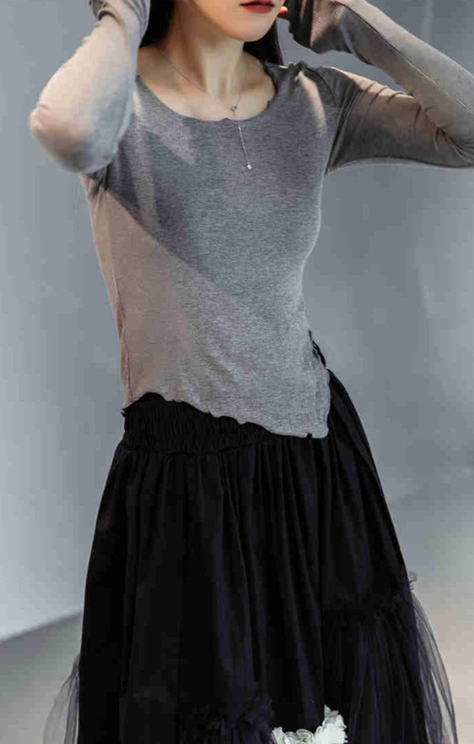 Asymmetrical Split Hem Tee Long Sleeve Gray