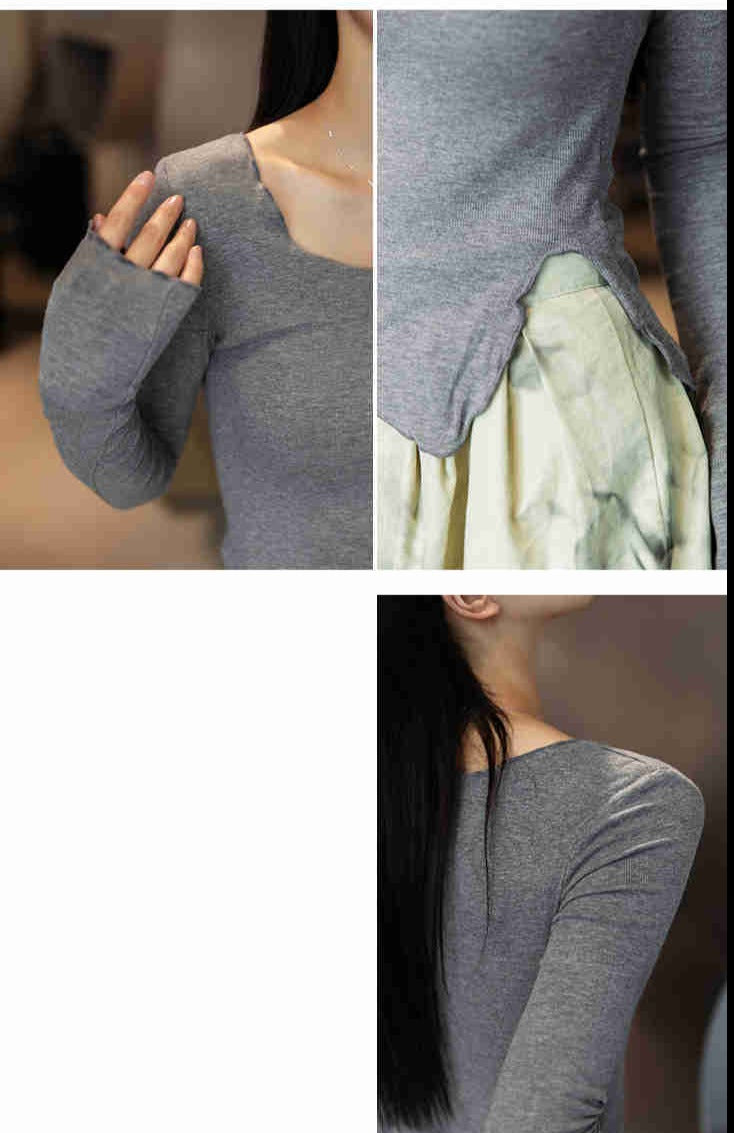 Asymmetrical Split Hem Tee Long Sleeve Gray