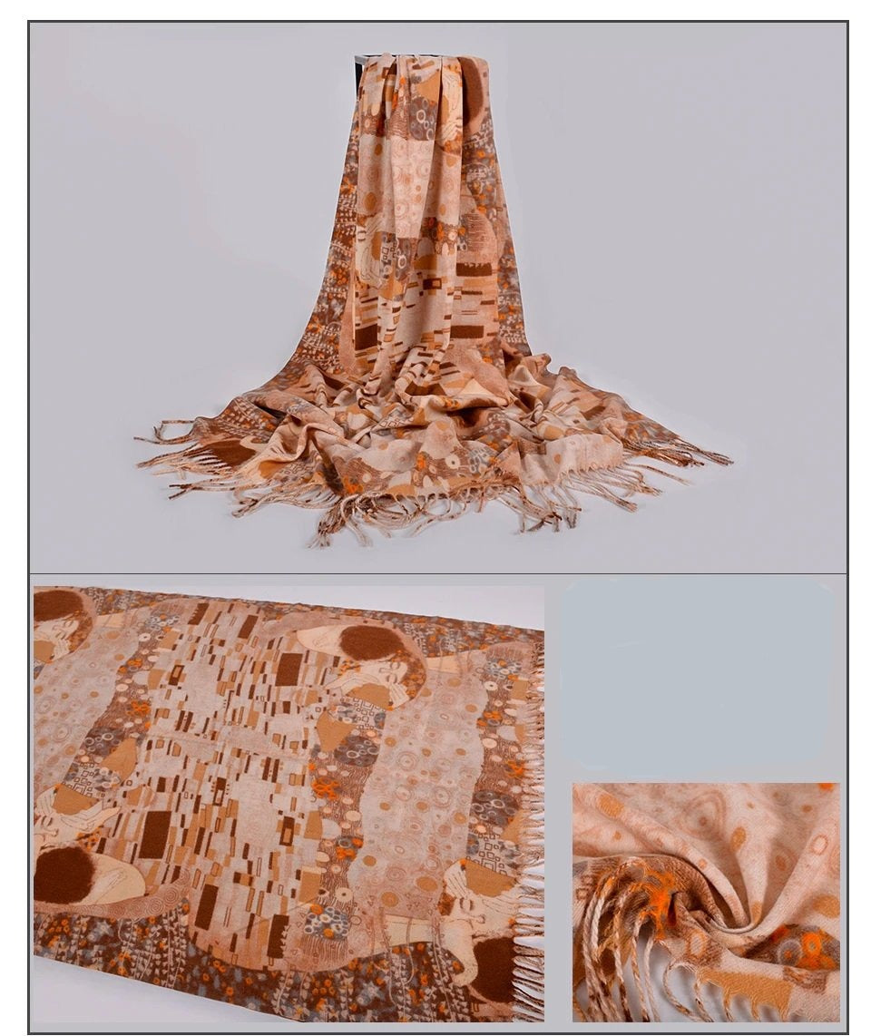 Art Printed Fall/Winter Scarf Klimt "The Kiss" Khaki