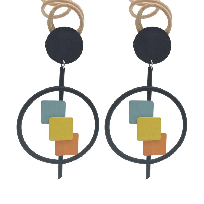 Recycled Rubber/Silicone Round Drop Earrings with Geometric Wooden Accents