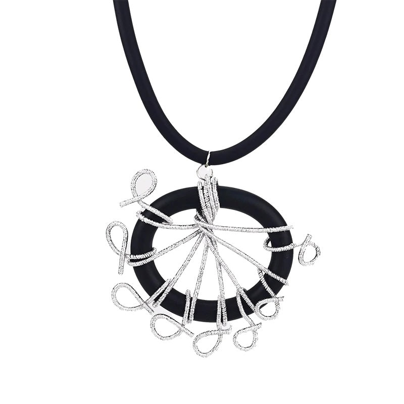 Recycled Rubber and Silicone Peacock Pendant Long Necklace Silver Cord and Black