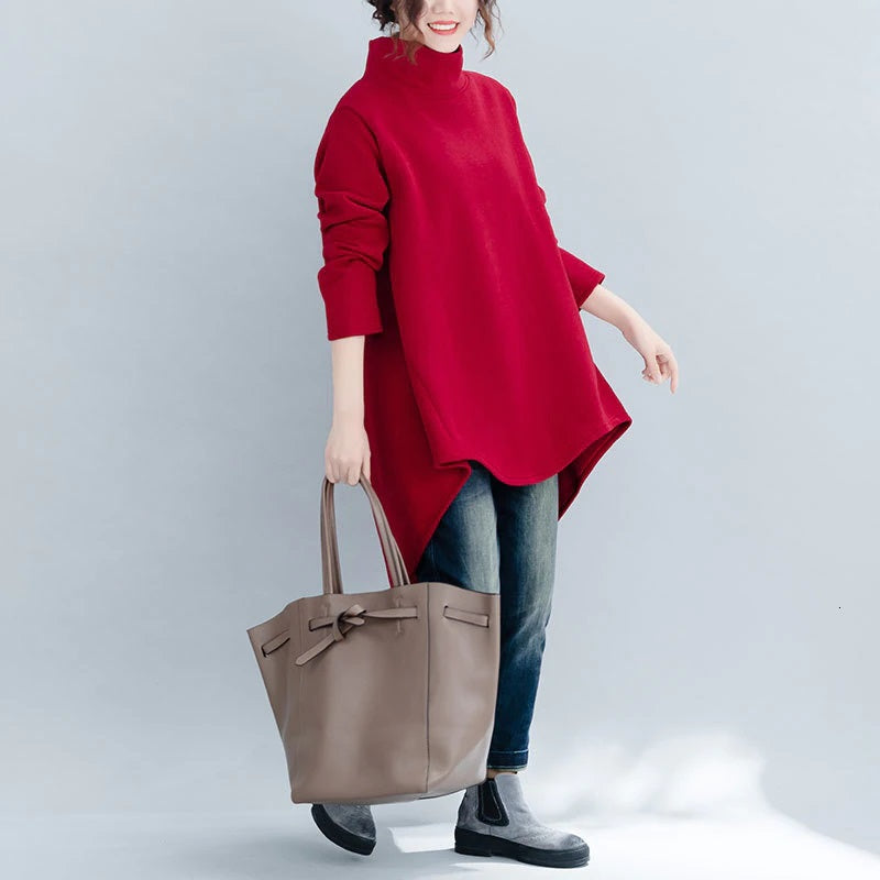 Turtleneck High-Low Asymmetrical Long Sleeve Tunic/ Top Solid Color Red