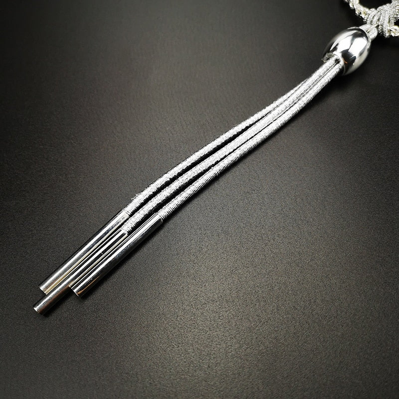 Tree Of Life Pendant Long Necklace With Tassel Silver Tone
