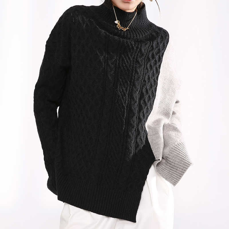 Split Two-Tone Sweater with Turtleneck Collar Long Sleeve Oversized