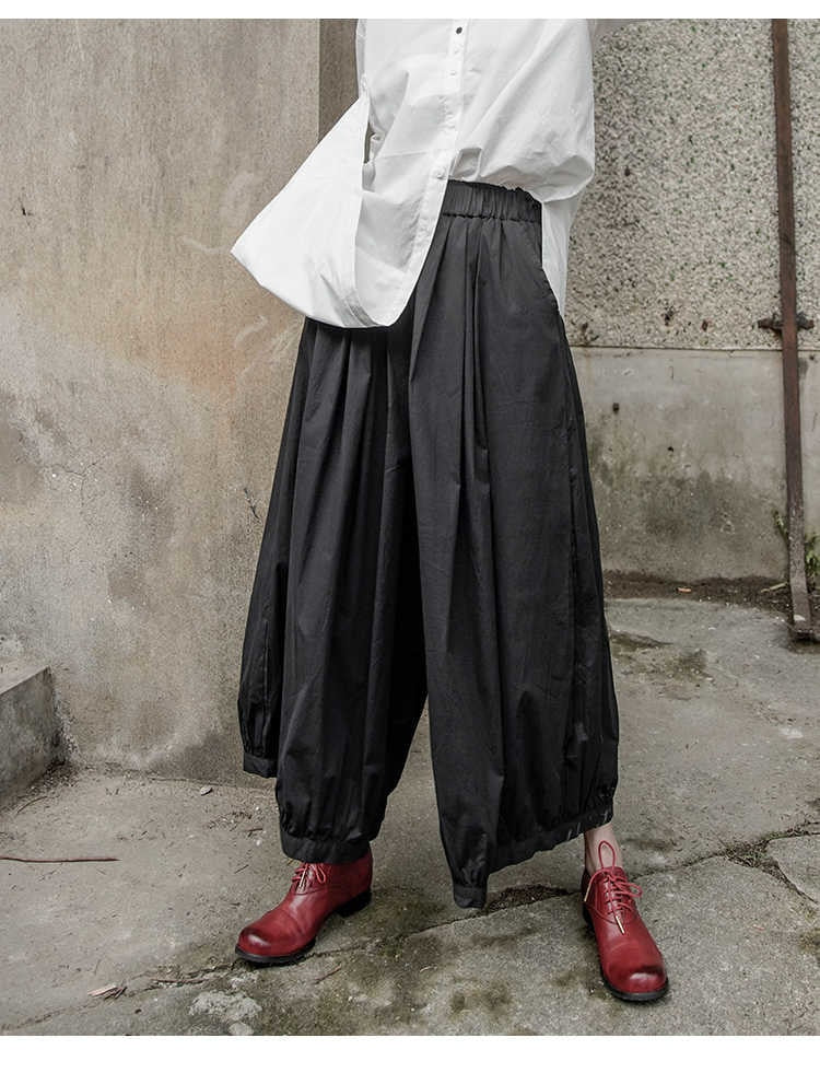 High Elastic Waist Pleated Split Joint Wide Leg Pants Trousers Black