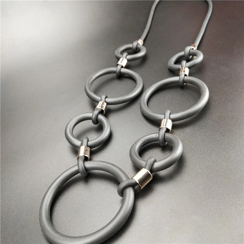 Recycled Rubber and Silicone Geo Circle Link Long Necklace Black