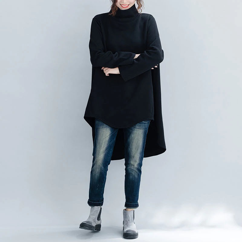 Turtleneck High-Low Asymmetrical Long Sleeve Tunic/ Top Solid Color Black