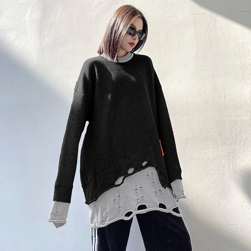 Rounded Collar Two Layer Oversized Knit Tunic Long Sleeve BLK/GRY