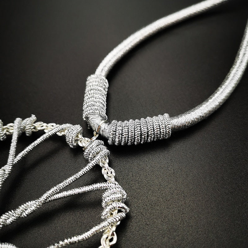 Tree Of Life Pendant Long Necklace With Tassel Silver Tone