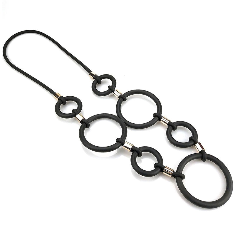 Recycled Rubber and Silicone Geo Circle Link Long Necklace Black