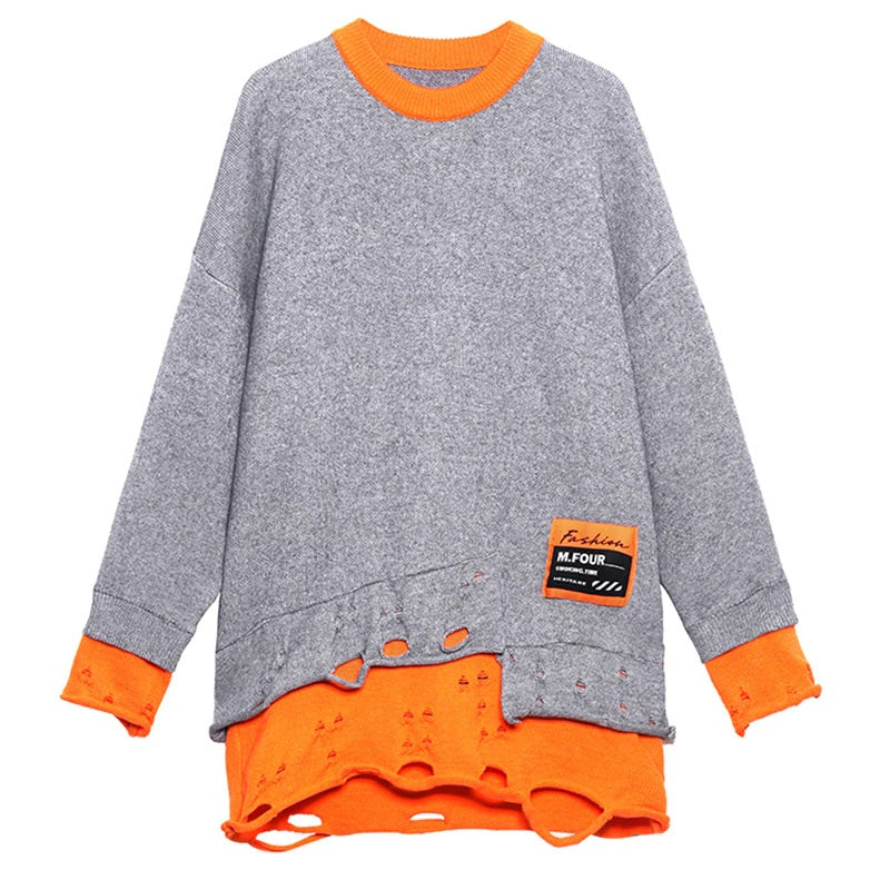 Rounded Collar Two Layer Oversized Knit Tunic Long Sleeve Gray/Orange