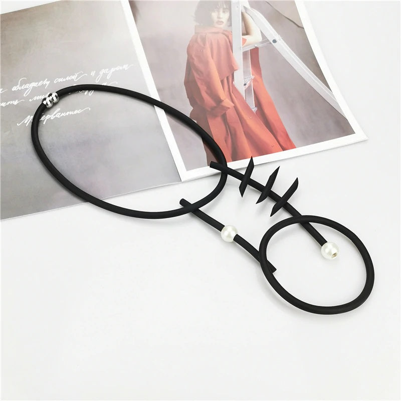 Recycled Rubber and Silicone Geometric Pearl Statement Pendant Necklace Black