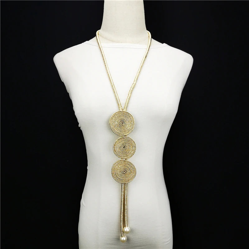 Triple Coil Gold Pendant Long Necklace With Long Tassel and Faux Pearls