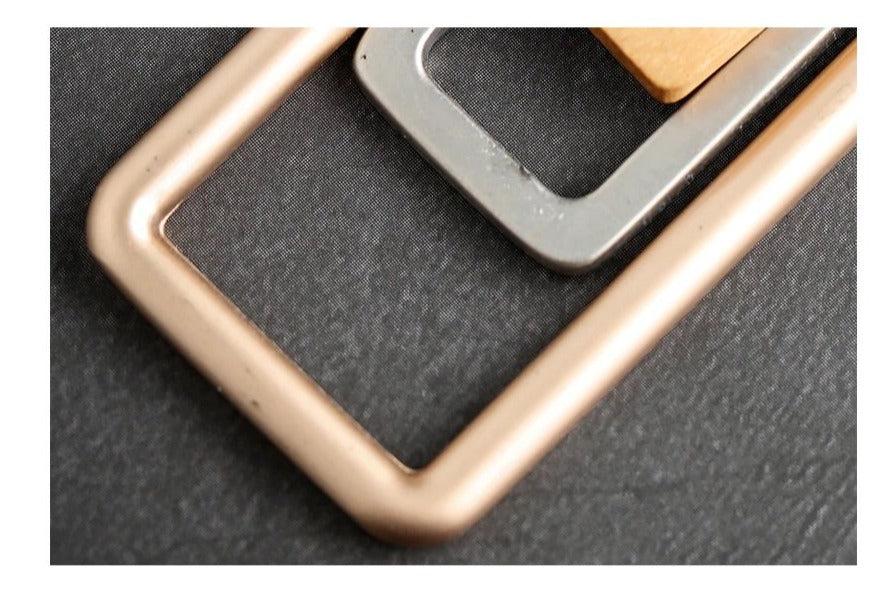 Long Necklace Metal & Wood Geometric Rect. Pendant on Black Leather Cord Rose Gold/Brown Wood