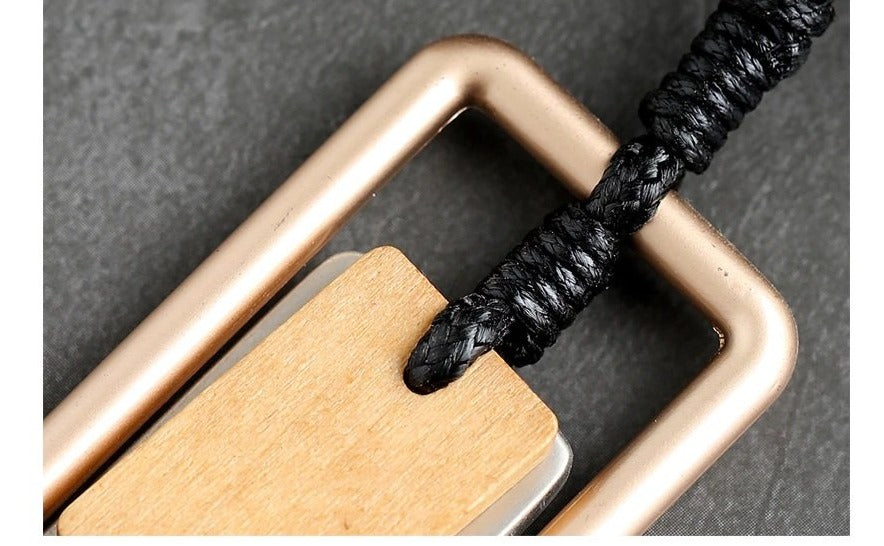 Long Necklace Metal & Wood Geometric Rect. Pendant on Black Leather Cord Rose Gold/Brown Wood