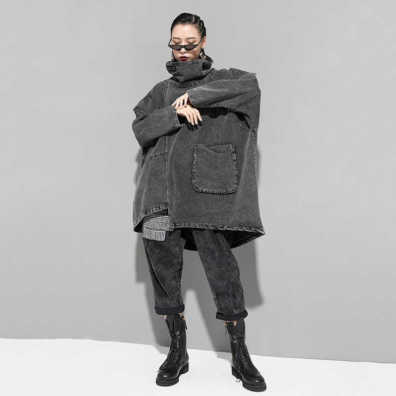 Black Denim Asymmetrical Tunic Oversized High Collar
