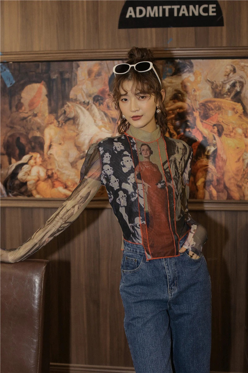 Brown Mesh Turtleneck Irregular hem O/S 3D Glasses