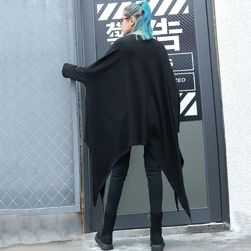 Irregular Hem Jersey Rounded Collar Long Sleeve Top Black