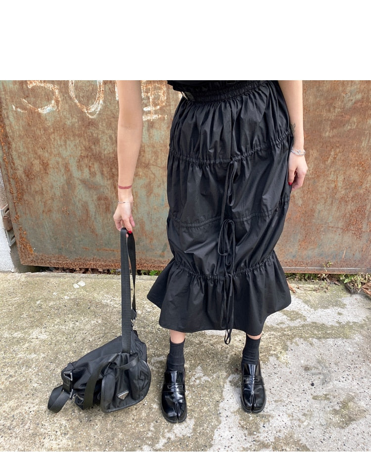 High Waisted Tulip Skirt Long Skirt with Leather Belt at Waist Band Black
