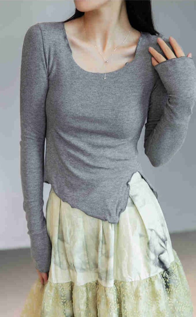 Asymmetrical Split Hem Tee Long Sleeve Gray