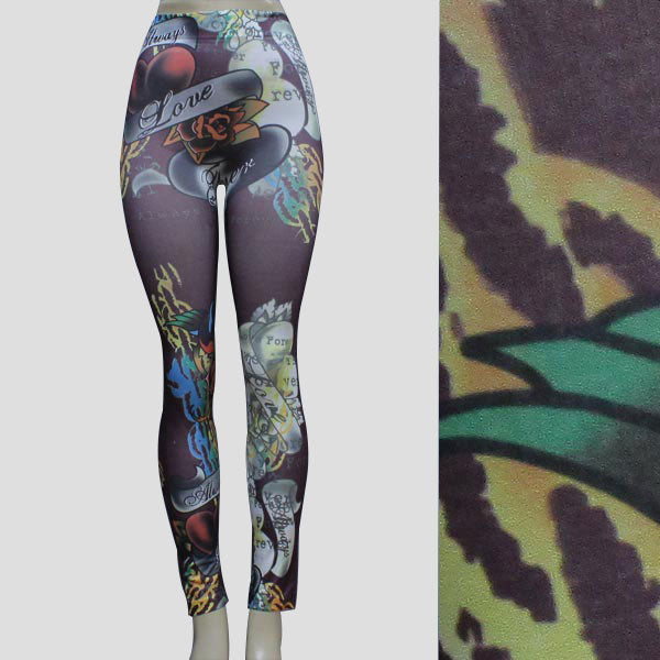 Leggings Art Graffiti Print Full Length O/S Brown-Multi Color