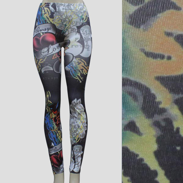 Leggings Art Graffiti Print Full Length O/S Dk Gry-Multi Color