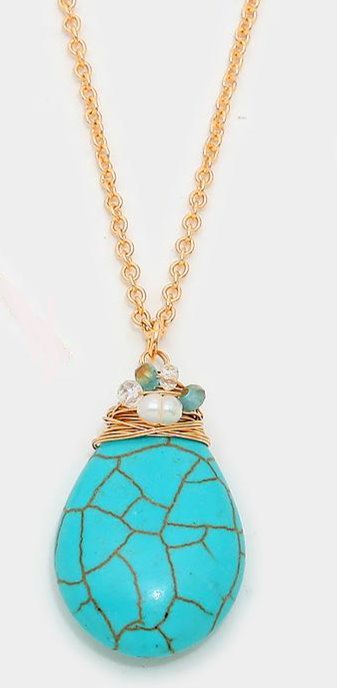 Natural Stone Droplet Pendant Long Necklace Turquoise