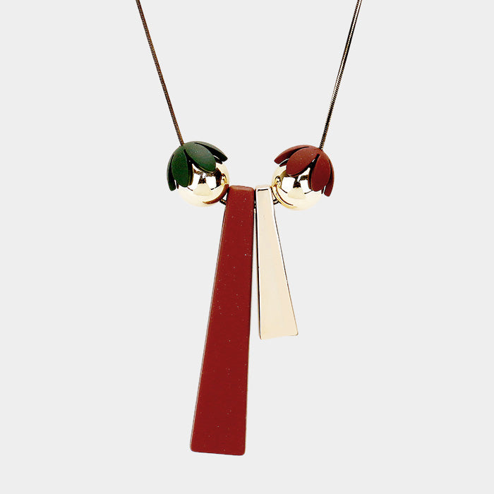 Geometric Double Metal Ball Bar Pendant Long Necklace BURG/GLD