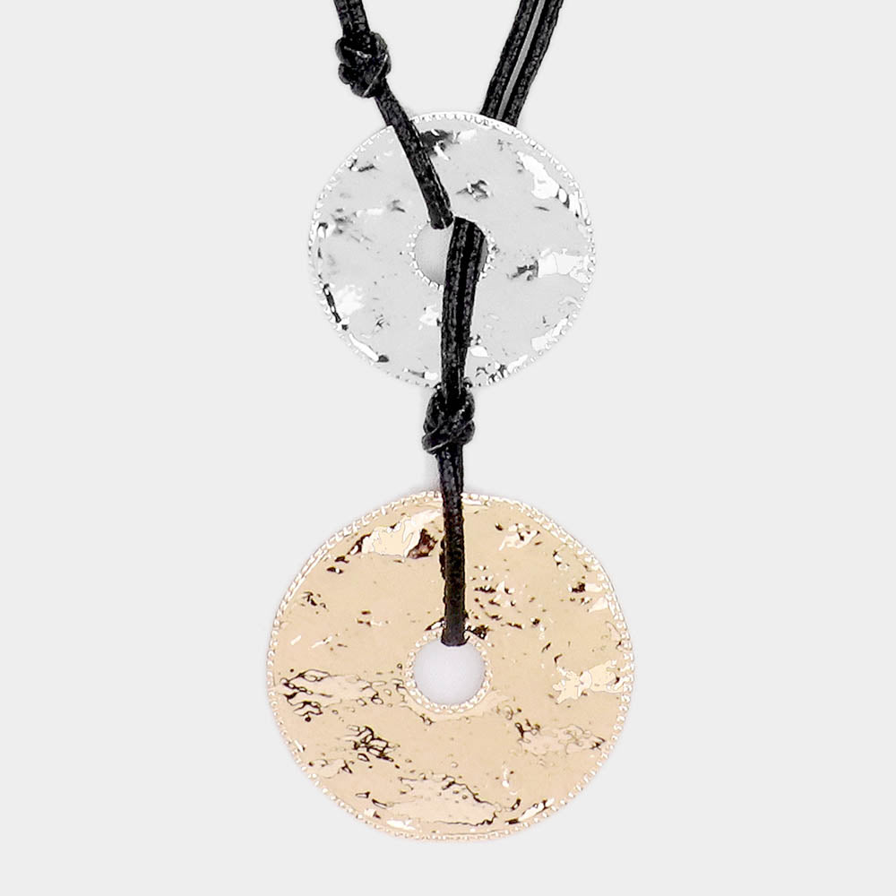 Double Hammered Round Metal Pendant Leather Long Necklace Two Tone