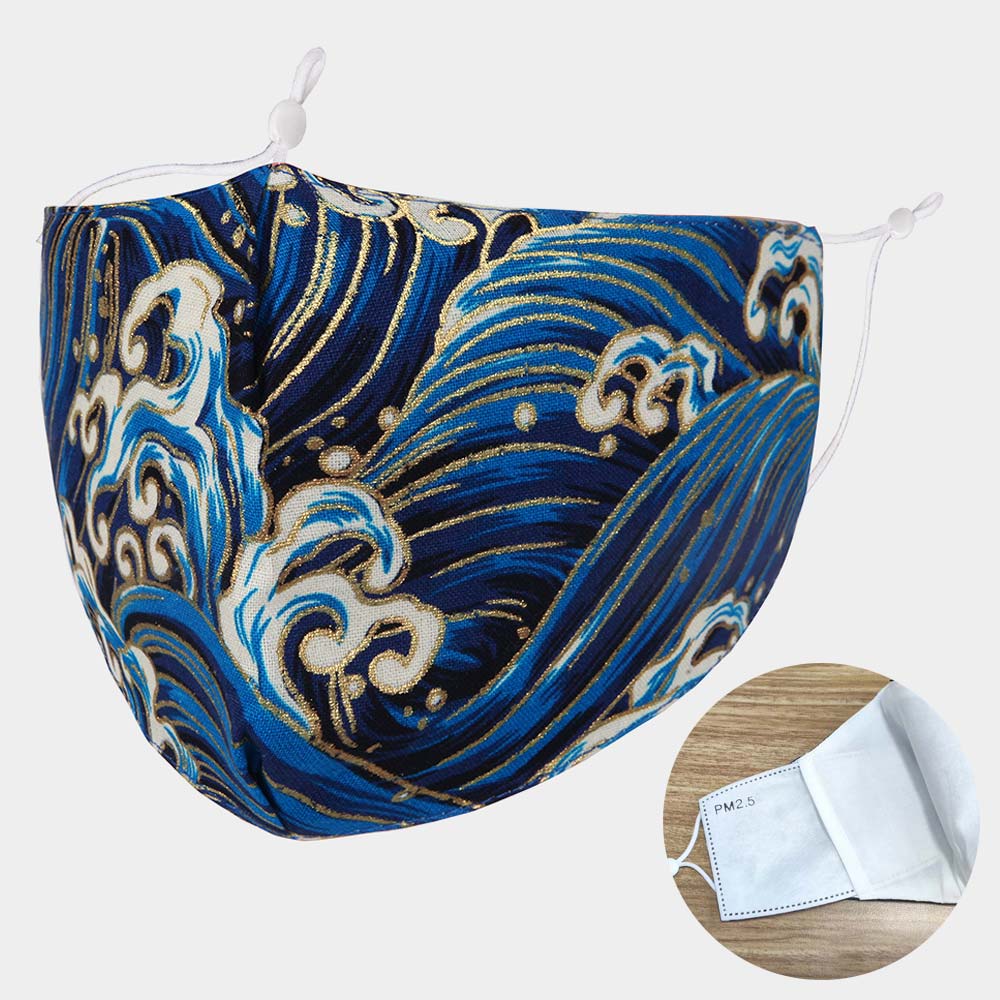 Cotton Print Fashion Face Mask Wave Print Blue