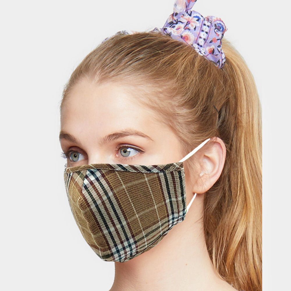 PLAID CHECK PRINT FASHION MASK CAMEL