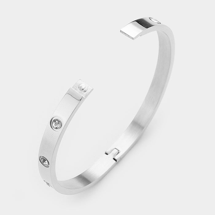 Stainless Steel Metal Hinged Bracelet with Crystal Round