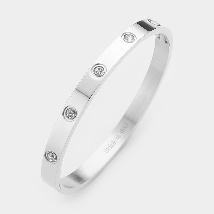 Stainless Steel Metal Hinged Bracelet with Crystal Round
