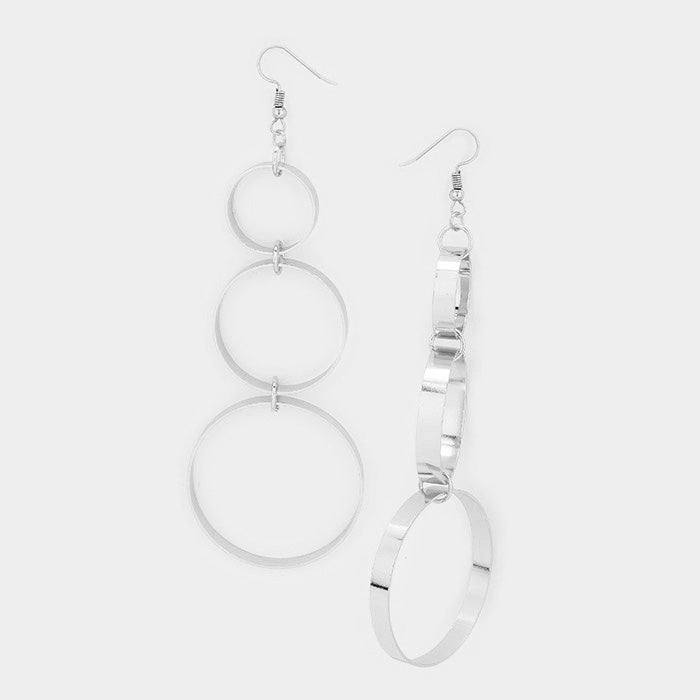 Oversized Triple Circle Metal Hoop Dangle Earrings Silver Tone