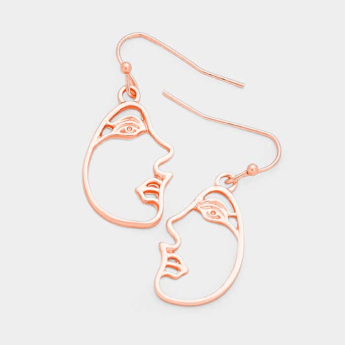Metal Face Profile Earrings Rose Gold Tone