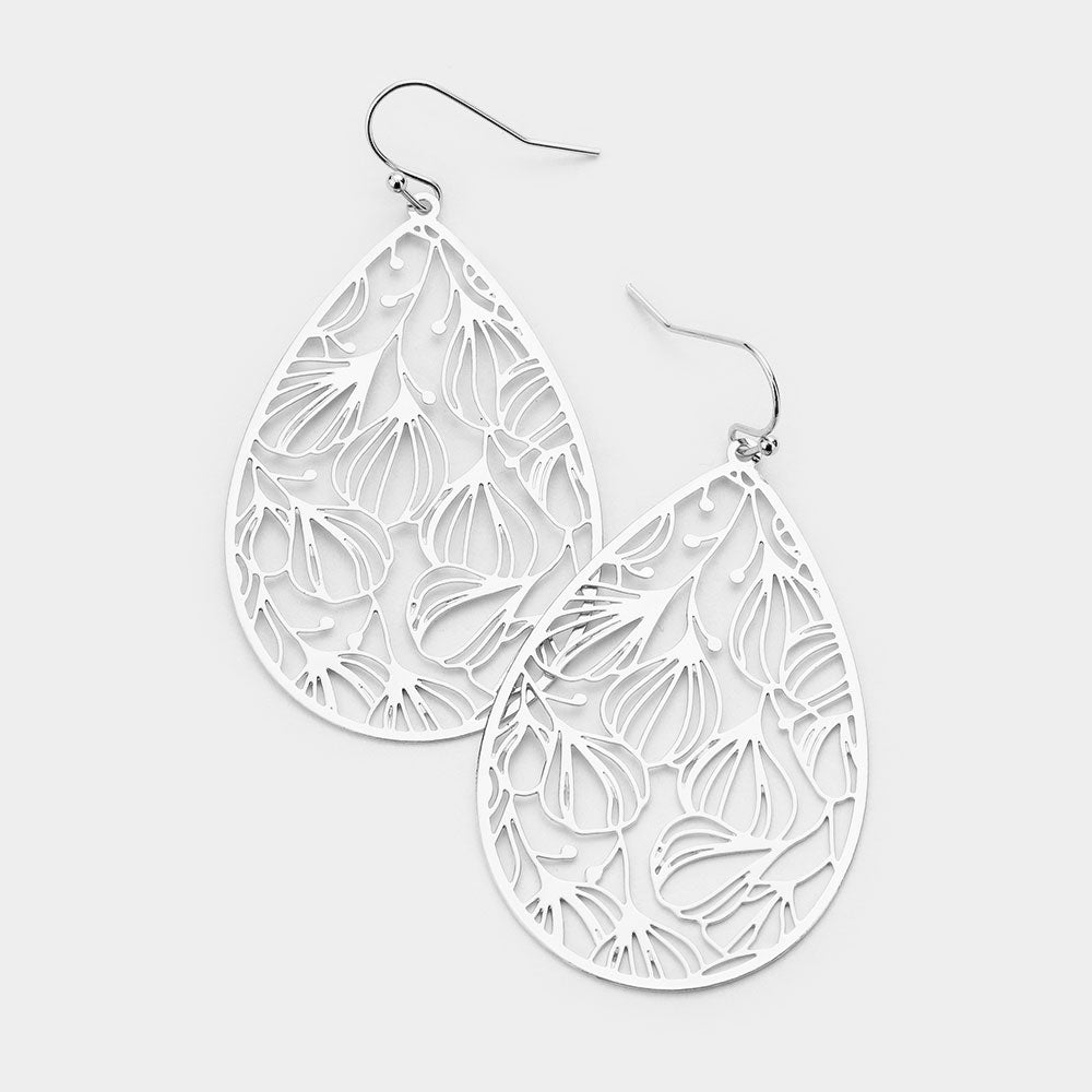 Filigree Brass Metal Teardrop Dangle Earrings Silver Tone