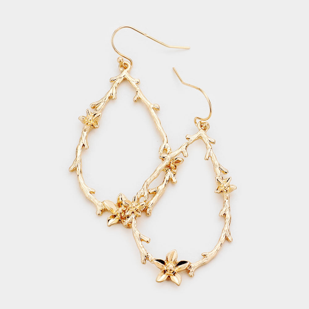 Flower Accented Open Metal Twig Teardrop Dangle Earrings Gold Tone