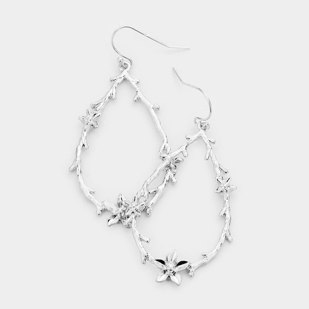 Flower Accented Open Metal Twig Teardrop Dangle Earrings Silver Tone