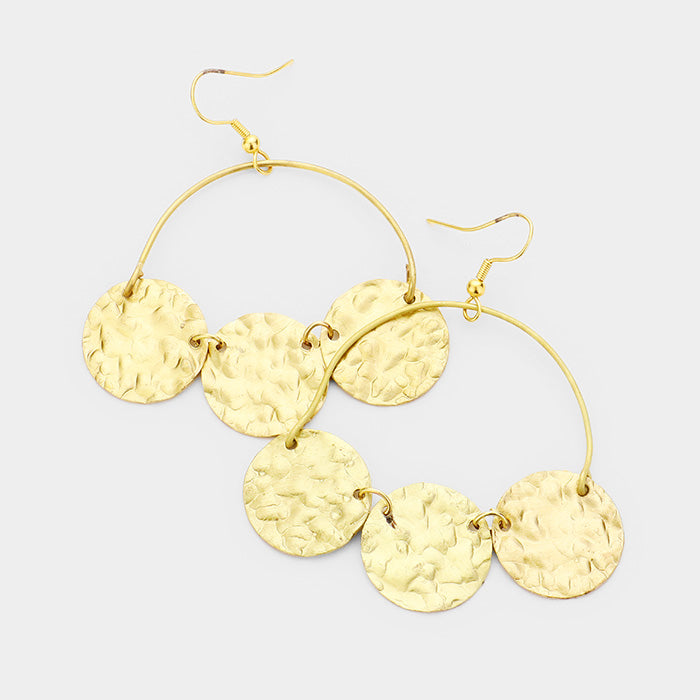 Triple Hammered Metal Disc Dangle Earrings Gold Tone