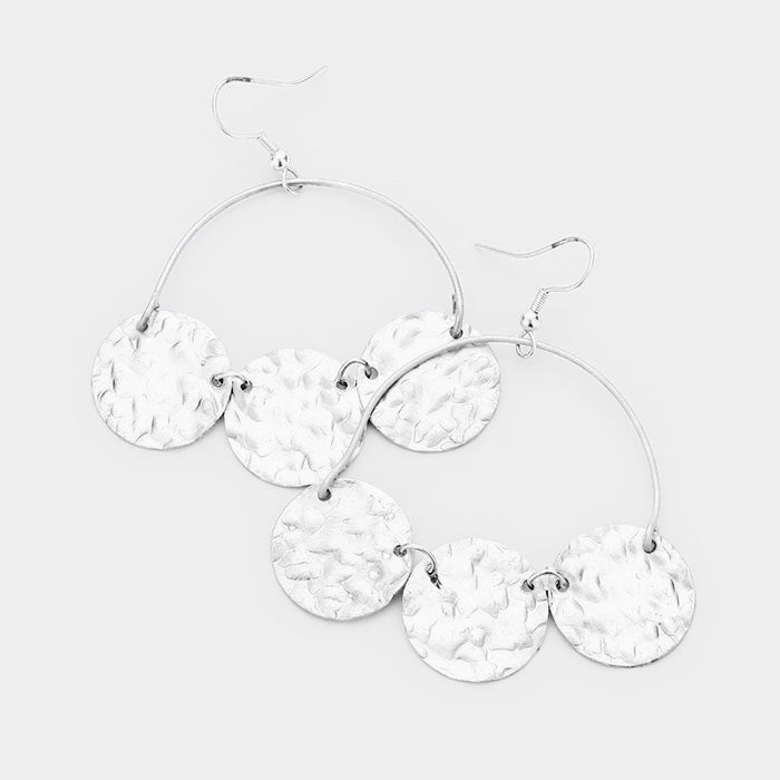 Triple Hammered Metal Disc Dangle Earrings Silver Tone
