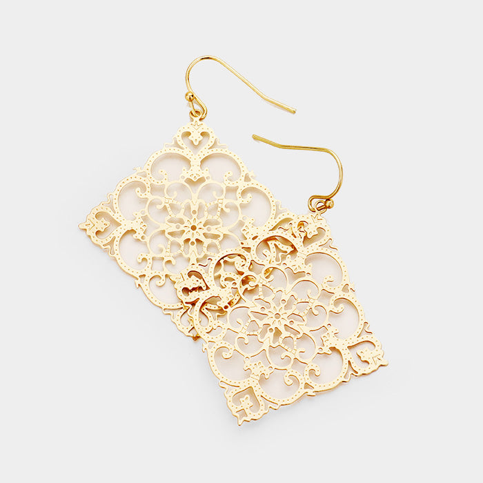 Metal Filigree Square Dangle Earrings Matte Gold Tone