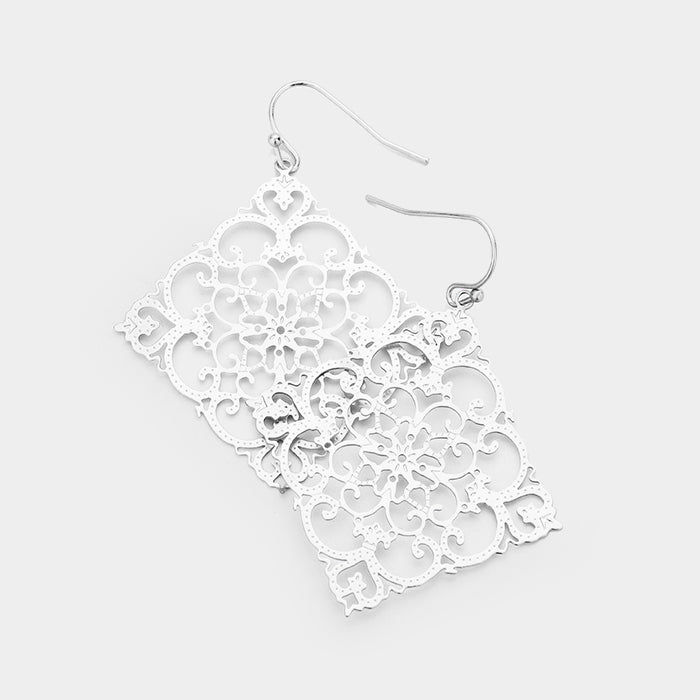 Metal Filigree Square Dangle Earrings Matte Silver