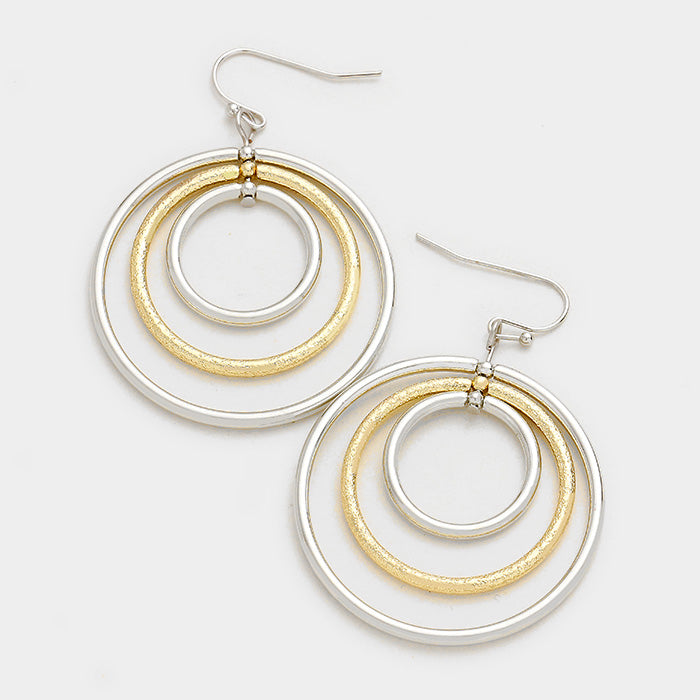 Triple Metal Hoop Dangle Earrings Two-Tone