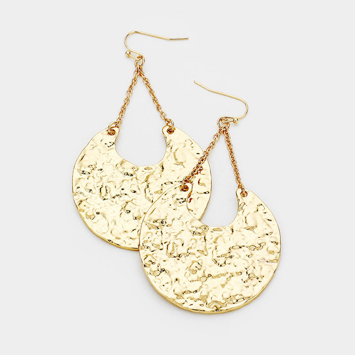 Chain Link Hammered Metal Disc Dangle Earrings Gold Tone
